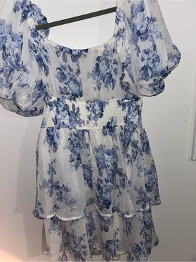 Trixxi White and Blue  Floral Smocked Mini Dress
